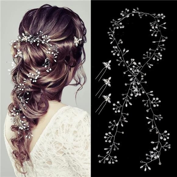 Sparkling Crystal Bridal Hair Vine - Extra Long Pearl Bead - Picture 6 of 6